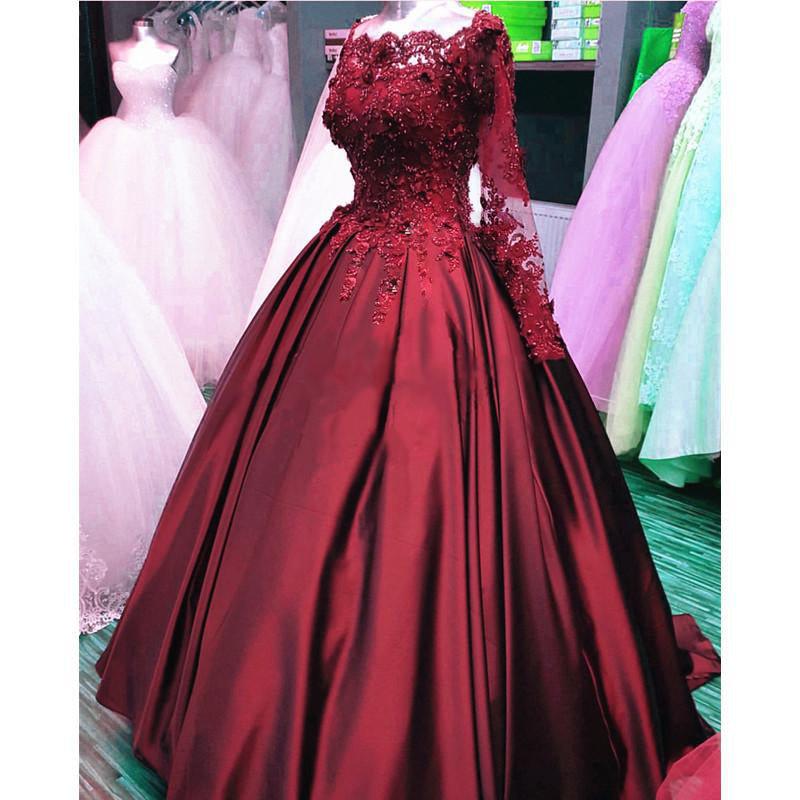 Burgundy Ball Gown Wedding Dresses Lace Appliqued Long Sleeves Beading –  Siaoryne