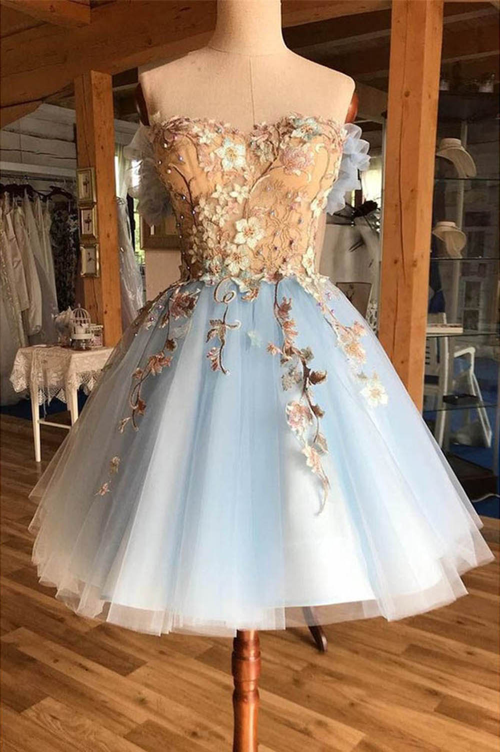 Fairy Off the Shoulder Gold Lace Short Light Blue Homecoming Dress 202 –  Siaoryne