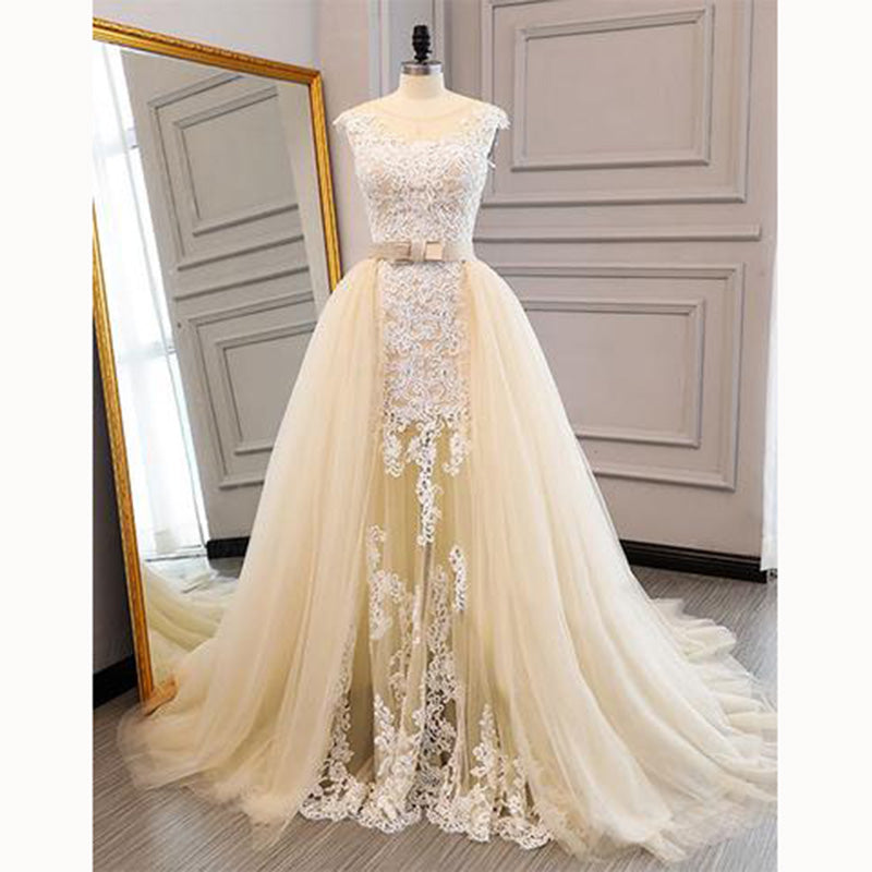 Stylish Detachable Train Champagne Lace Bridal Dresses Custom Made Wed Siaoryne