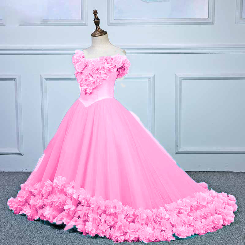 Pink Flower Girl Dress Beading Girl Pageant Party Prom Ball Gown