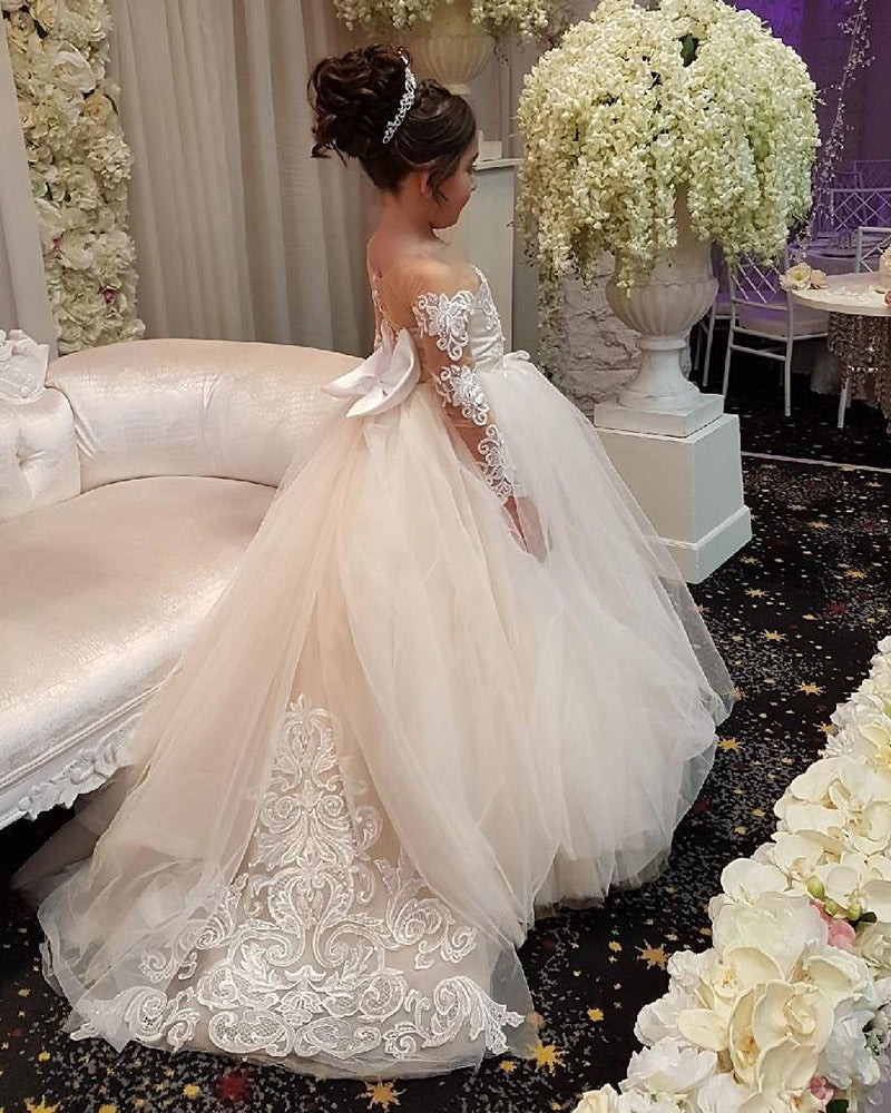 Long Sleeves Lace Ball Gown Flower Girl Dresses with Bow First Communi Siaoryne