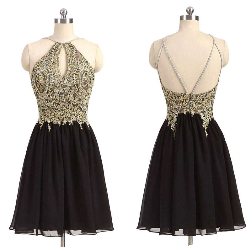 Black and Gold Halter Prom Dress