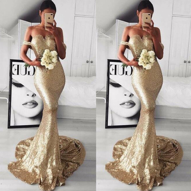 Champagne Gold Sequins Prom Dress Off shoulder Evening Long Women Form Siaoryne