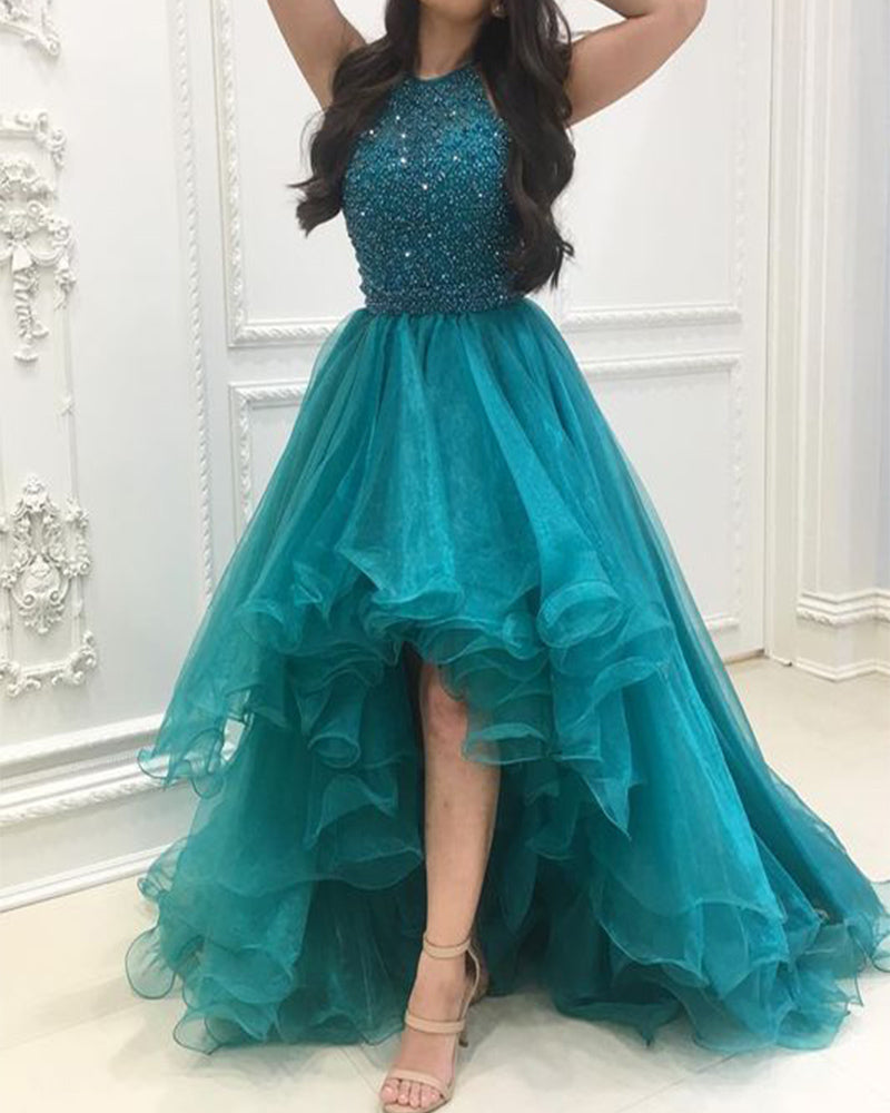 Siaoryne Halter Turquoise Blue High Low Prom Dress Beading Organza Par