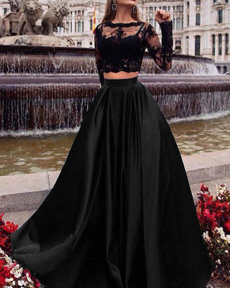 Crop Top Two Pieces Long prom Dress with lace appliques with Long slee –  Siaoryne