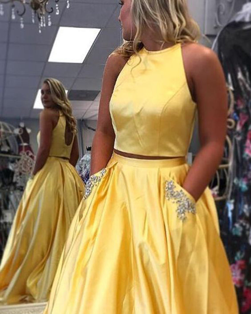 Bright Yellow Two Piece Senior Prom Long Dress For Graduation With Bea Siaoryne