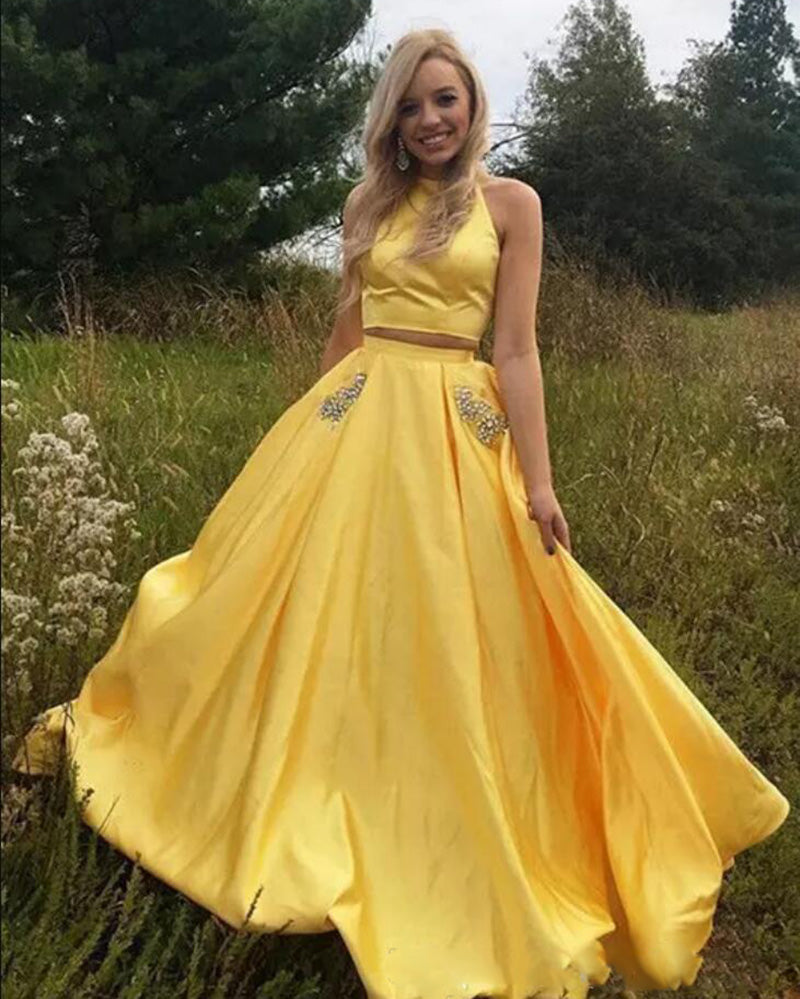 Sunshine Halter Two Pieces Yellow Prom Dress Girls Long Graduation Par Siaoryne