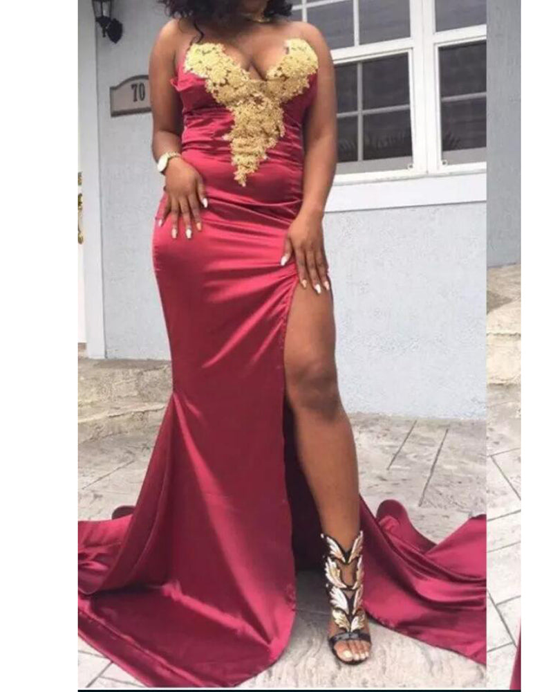 Mermaid Burgundy Prom Dress with Gold Lace Sexy Slit African Girls Eve –  Siaoryne