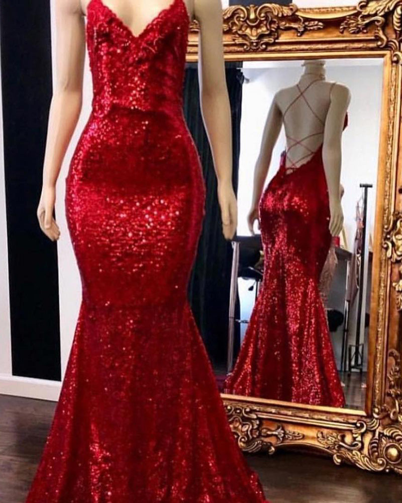 Bling Bling Red Sequins Women Mermaid Formal Gown Halter Evening Party Siaoryne