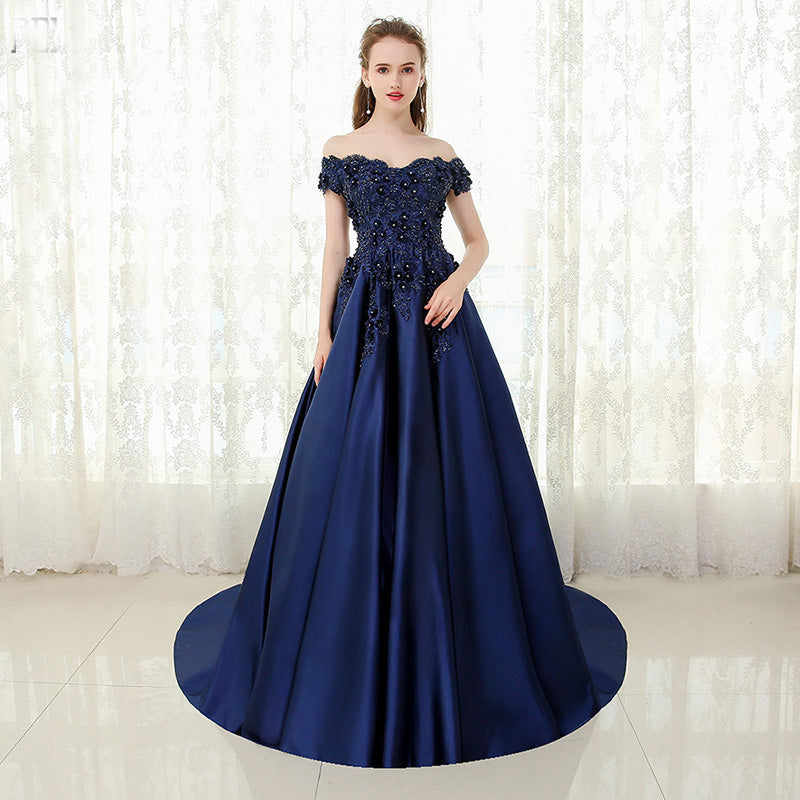 Navy  Burgundy Off The Shoulder Satin Lace Prom Dress Wedding Engageme 