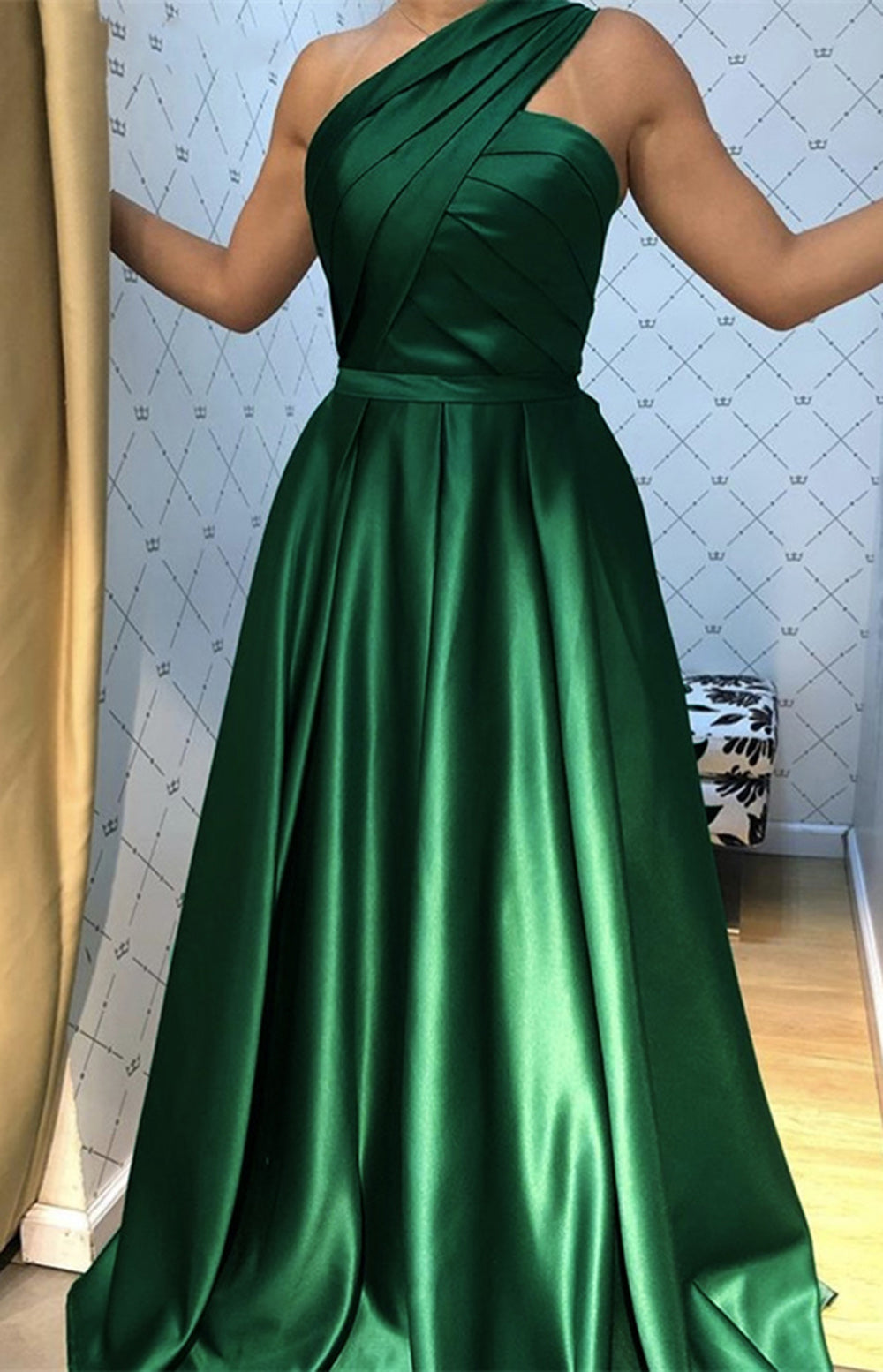 One Shoulder A Line Satin Emerald Green Formal Evening Dress,Prom Part –  Siaoryne