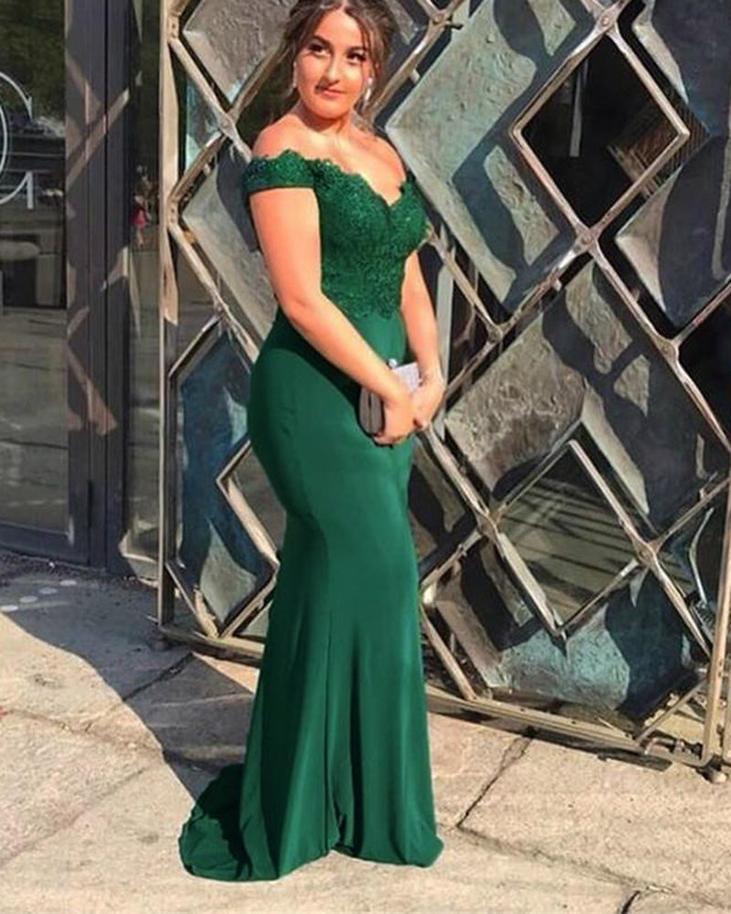 Off the Shoulder Sexy Lace Fitted Emerald Green Long Fitted