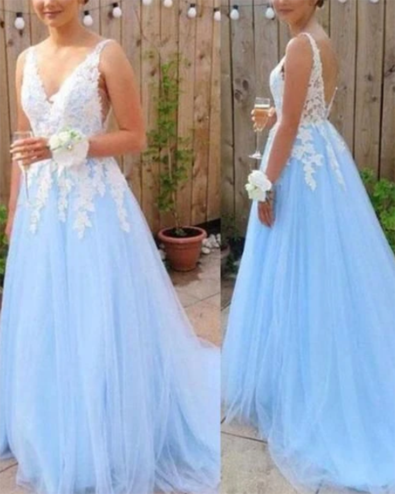 Light blue Open Back Long Prom Dress With Applique, Popular Tulle Even –  Siaoryne