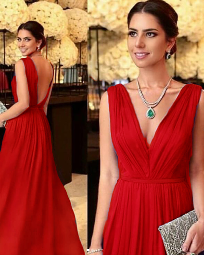 Sex V Neck Chiffon Pleated Formal Evening Red Long Party Dress