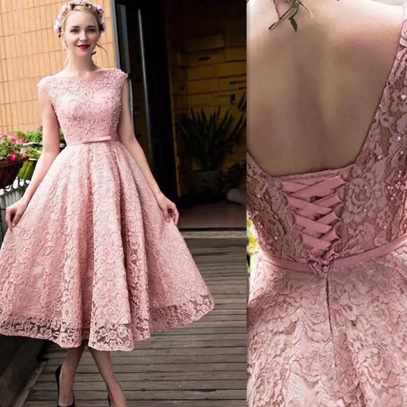 knee length pink lace dress