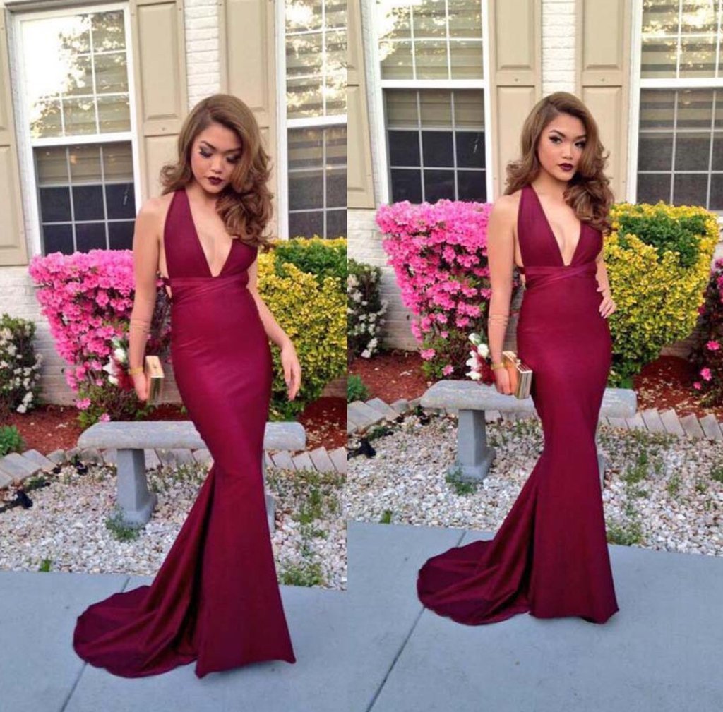 LP4787 Sexy Deep V Neck Burgundy Evening Dress Long Party Prom Dress F Siaoryne