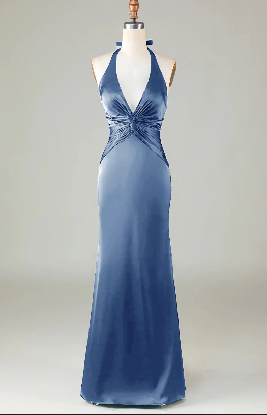 Mermaid Halter Dusty Blue  Bridesmaid Dress BD1214