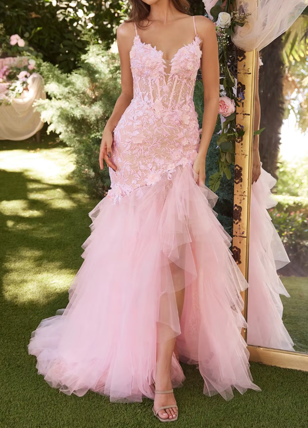 Sexy Mermaid Pink Wedding Dress,Lace Prom Party Gown with Slit PL5120