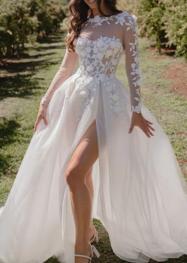 Vestido de novia blanco de manga larga con corte en A, dulce vestido de novia de encaje con flores y cuello redondo, vestido de novia sexy de tul con abertura lateral