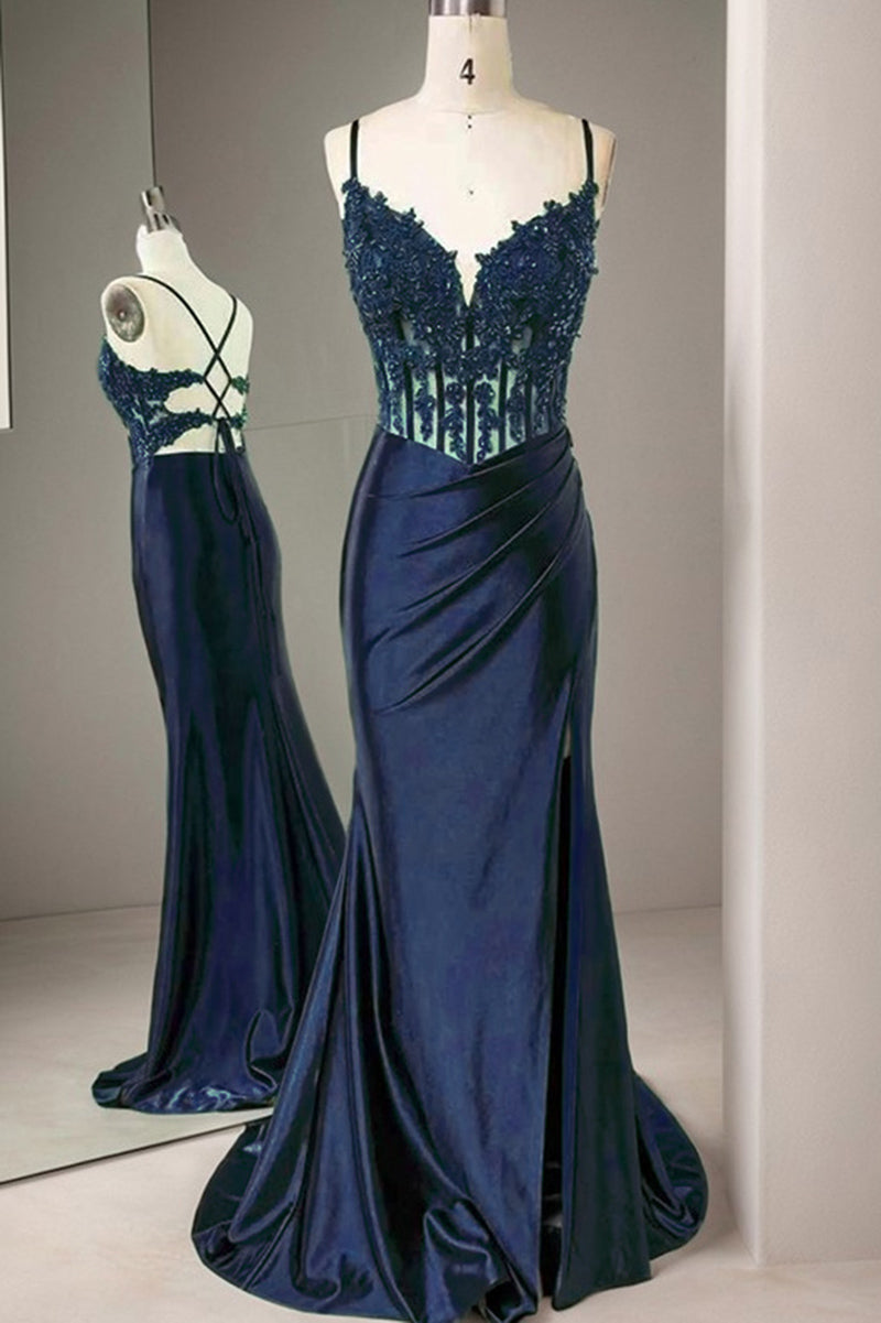 Royal Blue Prom Dress 2025 corset Lace satin Gown PL2532