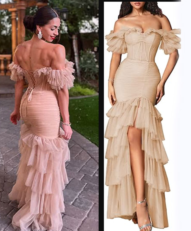 Off The Shoulder Tulle Prom Dress 2025 Mermaid   Tiered Long Formal Evening Gown with Slit