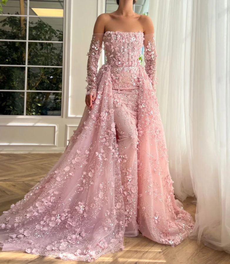 Elegant Luxury 3D Floral Lace Pink/Lavender Prom Dress 2025 PL2533