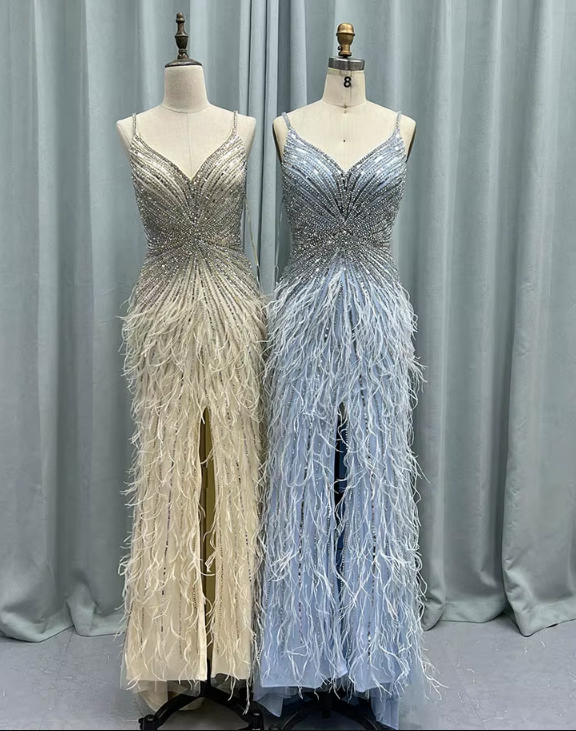 In Sotck Luxury Beading Prom Dress with feather Beige /Blue LX2533