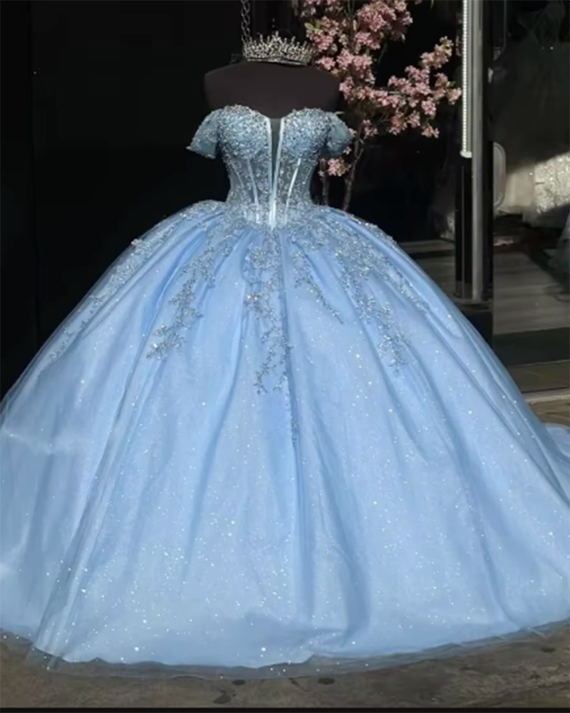 Glittering Blue Quinceanera Dresses Off-Shoulder Shiny Lace Beading Vestidos De 15 Anos Birthday Party Princess