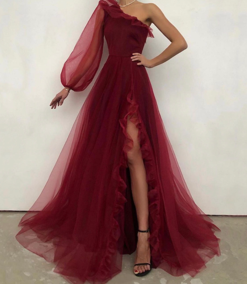 Burgundy Mesh One Sleeves Prom Dress PL5312