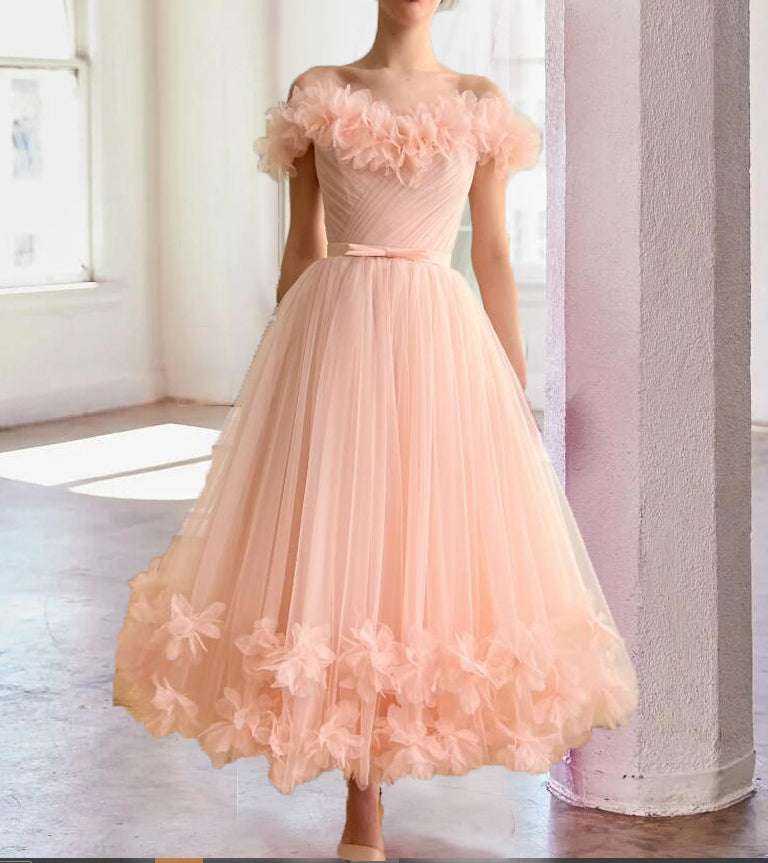 Tea Length Pink Prom Dresses Short Homecoming Gown with Handamde Flowers SP2471