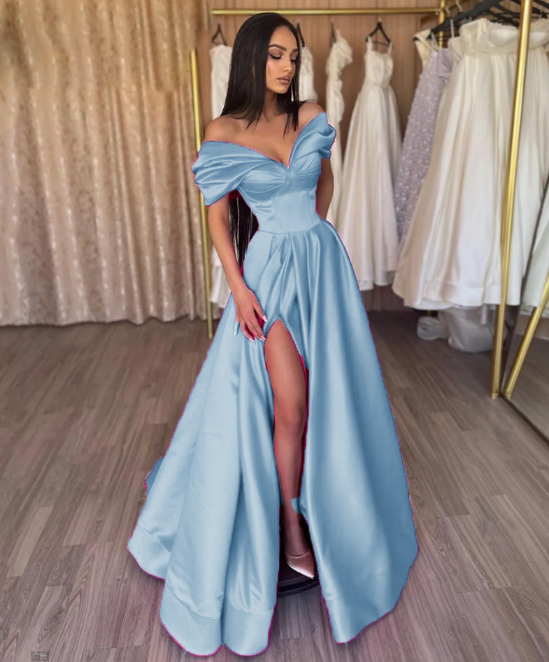 Light Blue Long Prom Dress off the shoulder Satin Long Evening Party Gown PL731