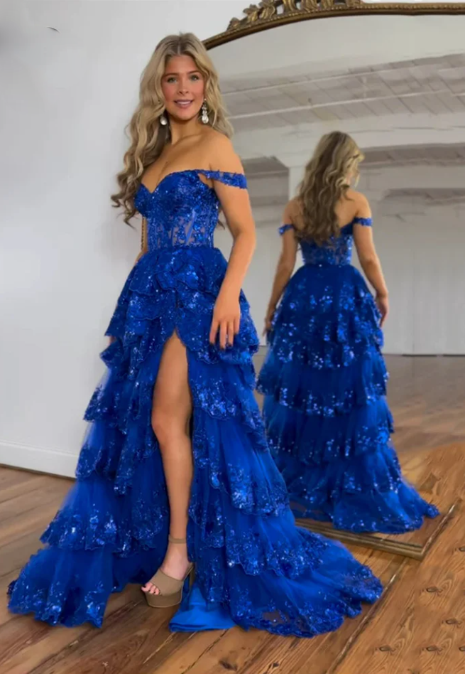 Robe de bal bleu royal pailletée Robe de soirée exquise à plusieurs niveaux 