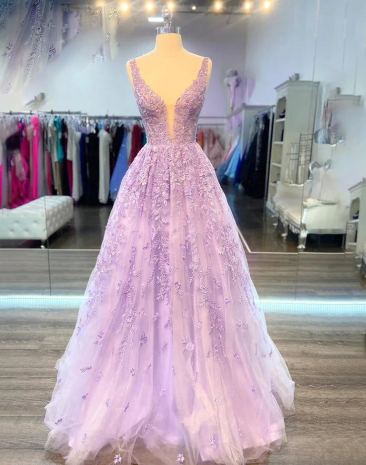 Lilac Prom Dress Elegant Lace A-Line V-Neck Fairy Tulle Applique Long Party Dress Tank Sleeveless Party Dress