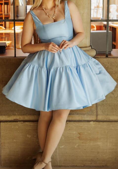 Ruffles A line Satin  Baby Blue Short Homecoming Dress SP0508