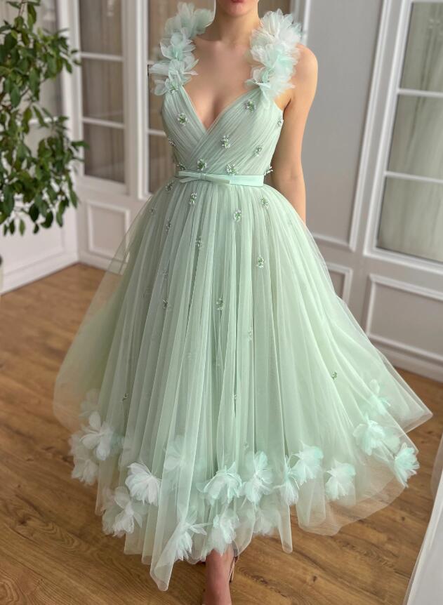 Mint Green Teal Length Prom Dresses for Girls with Beading flowers SP2471