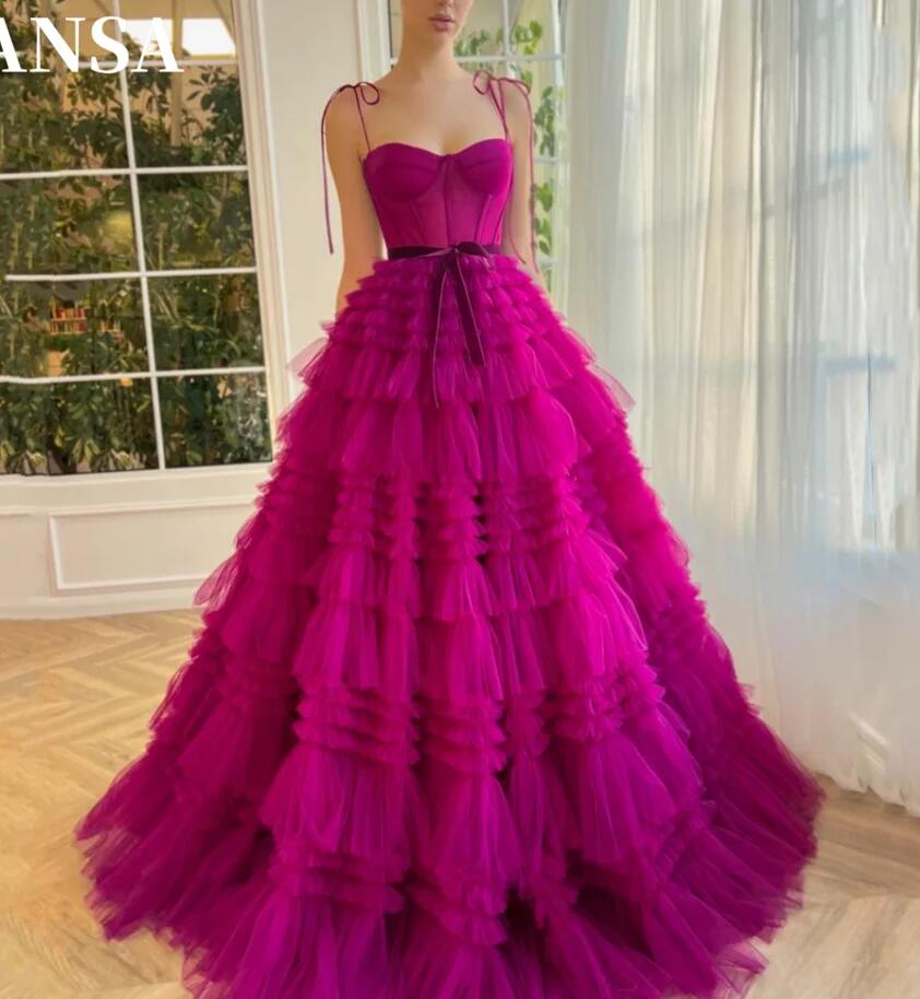 Puffy Princess Sexy Spaghetti Strap Fuchsia  Tulle A-line Prom Dress Vestidos De Noche PL2473