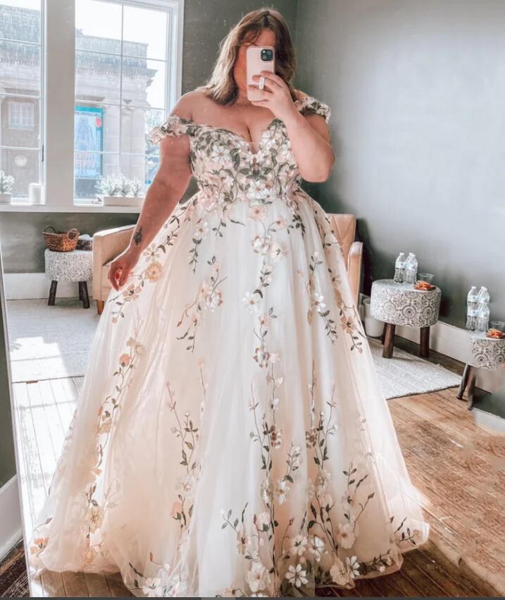 Floral Plus Size Prom Dress Off Shoulder Flower A-line Wedding Dress  Embroid Vestidos De Noche PL24733