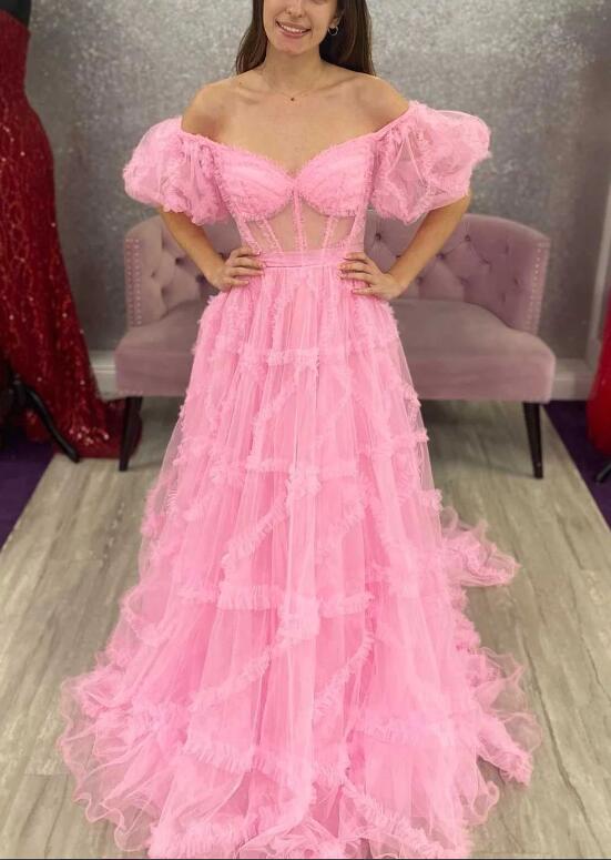 Princess Layered Tulle Prom Dress Off The Shoulder Tulle Long Party Gown PL2479