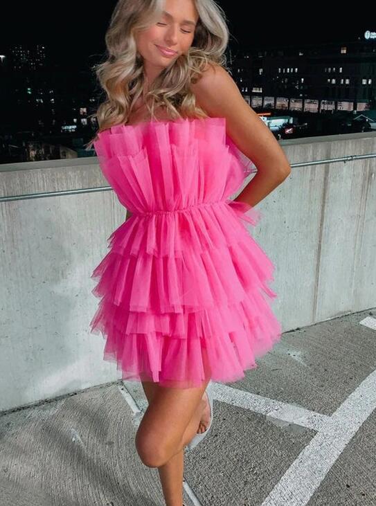 Bright Hot Pink Short Homecoming Dress Strapless Short Party Goown for Girls SP728