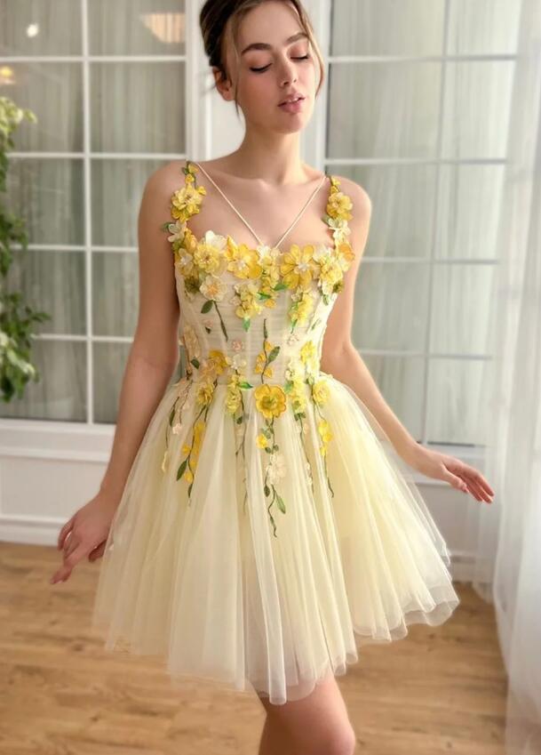 Yellow Short PromDress Girls Homecoming with Flowers SP10301