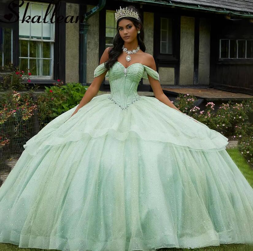 Princess Corset Glitter Light Green Quinceanera Dress Ball Gown  Vestidos De 15 Años Plus Customized