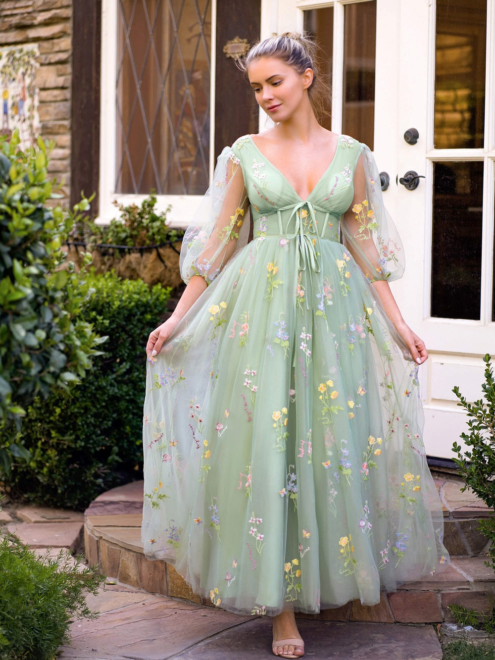 Green fashion tea length dress