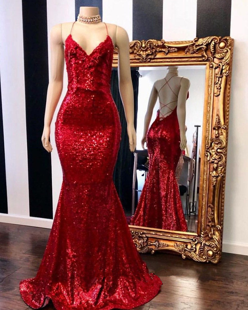 Red Halter Sequins Sparkle Evening Gowns Sexy Mermaid Dresses Long PL8 ...