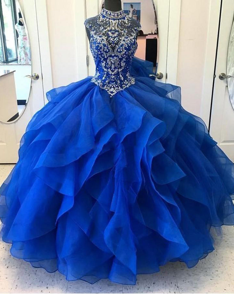 Fantastic High Neck Navy Blue Bodice Corset Ball Gown Sweet 16 Quincea Siaoryne