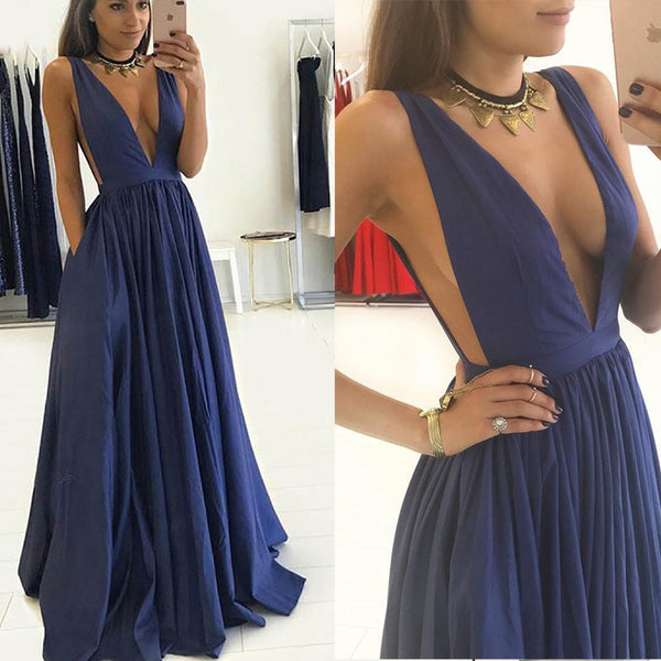 Navy Blue Plunge Sexy V Neck Dresses 2018 Prom Long Girls Evening Part ...