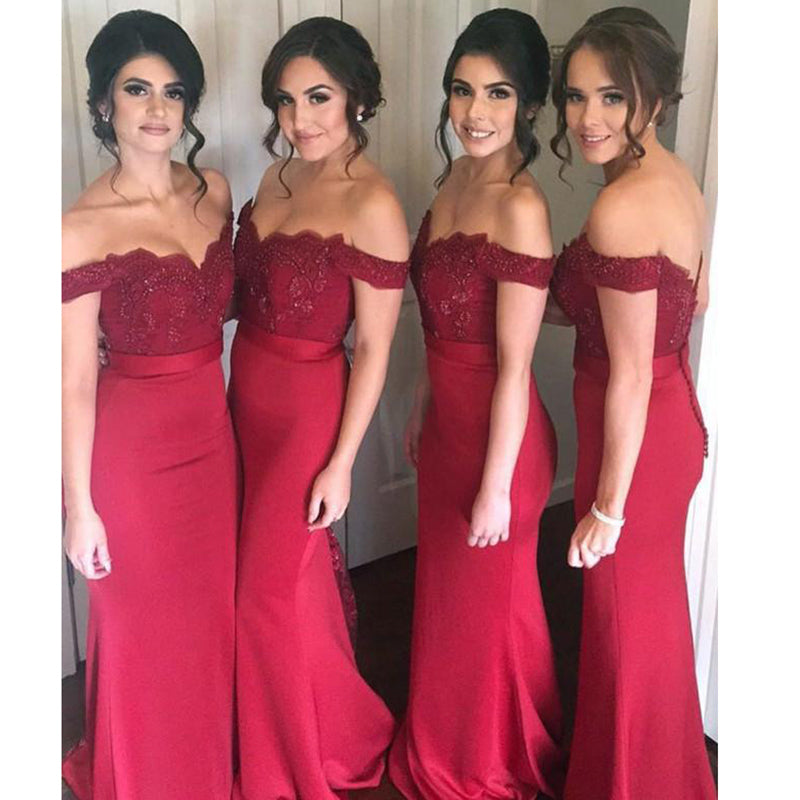 Off the Shoulder Burgundy Red Mermaid Long Bridesmaid Dress Women Lace ...