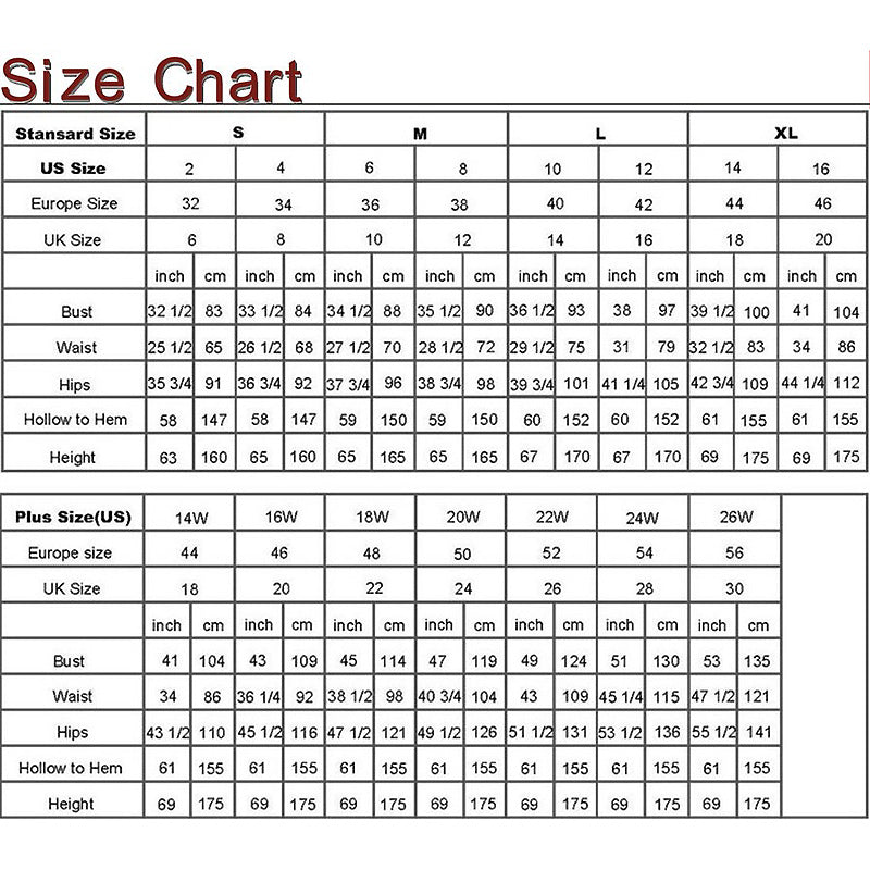 Bridesmaid Dress Size Chart