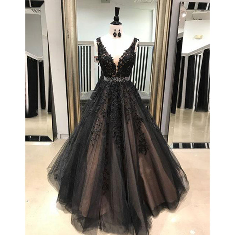 Fancy Dreamy Deep V Neck Black Lace Embroidered Prom Dresses Girls Gra ...