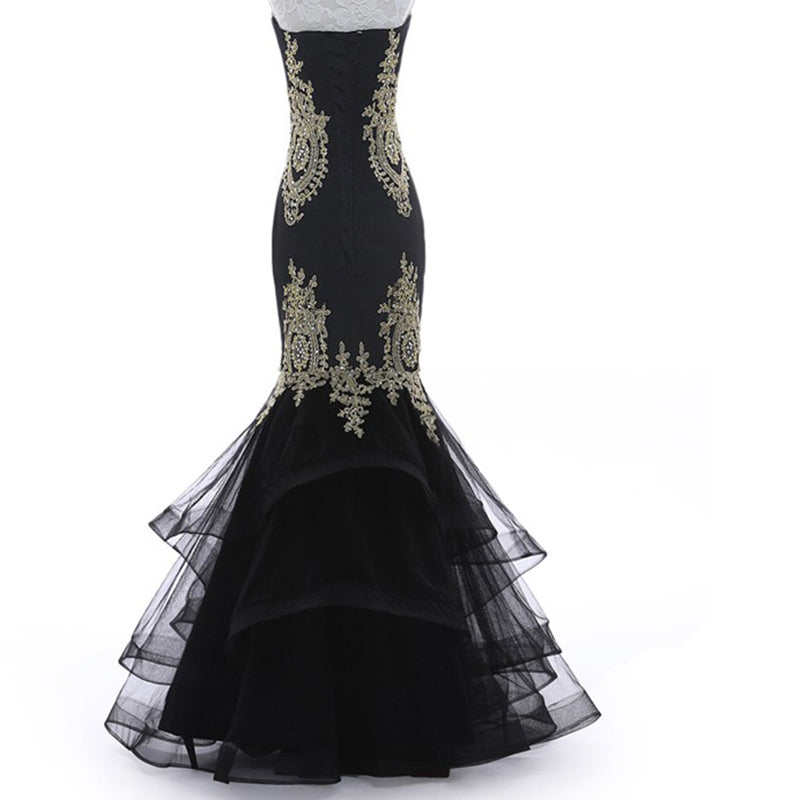 LP3359 Mermaid Black Prom Dress with Gold Lace Appliqued Evening Long Siaoryne