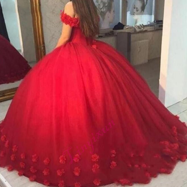 Red Flower Quinceañera Dress – TulleLux Bridal Crowns & Accessories